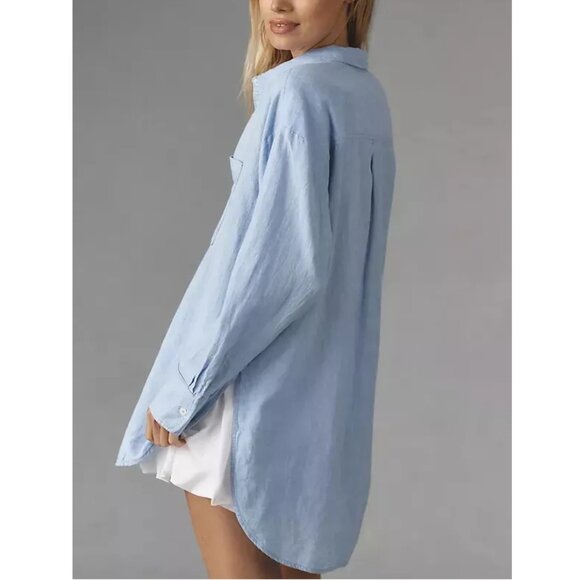 Anthropologie Maeve The Bennet Buttondown Shirt Linen Edition Indigo Blue XLP - Picture 2 of 8